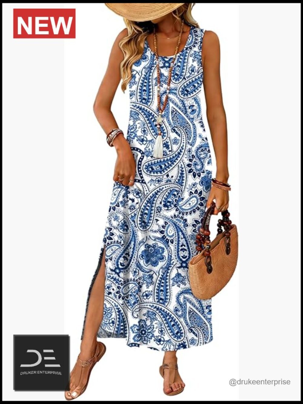 Maxi Dress Sleeveless Sundress with Pockets Bohemian Summer Beach Vacation